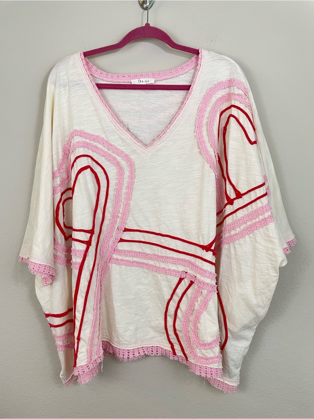 Oli & Hali Washed Connective Hearts V-Neck Top Oversized Bohemian Size XL - Picture 3 of 12